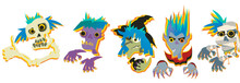 Halloween Bright Cartoon Characters Set, Isolated On A White Background. Vampire, Zombie, Witch, Mummy, Skeleton.
