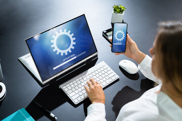 Poster - Woman Doing Software Update On Mobile Phone