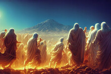 Illustration Of The Exodus Of The Bible, Moses Crossing The Desert With The Israelites, Escape From The Egyptians
