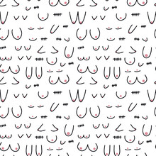 Different Kinds Of Woman Breast Vector Seamless Pattern. Hand Drawn Women Breast Pattern