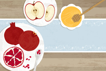 Wall Mural - A table assortment of pomegranates, apples, and honey. In a cut paper style with textures.
