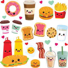 Set of cute and funny kawaii food and drink clip art, Hand drawn kawaii food collection
