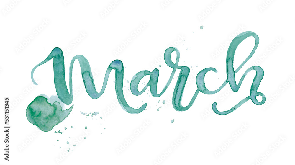 March month of the year in watercolor with splash letters and brush ...