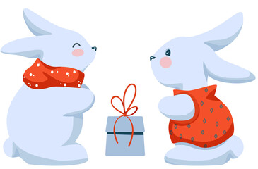  Cute rabbits in bright winter outfit celebrate winter holidays. Concept of togetherness, love and friendship. Funny bunnies for greeting card, poster, banner. 