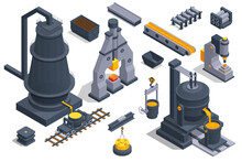 Isometric Icons Set With Blast Furnace Slag And Pig Iron Tapping. Iron And Steel Industry. Hot Steel Pouring In Steel Plant