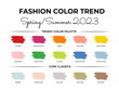 Fashion Color Trend Spring Summer 2023. Trendy colors palette guide. Fabric swatches with color names. Easy to edit vector template for your creative designs