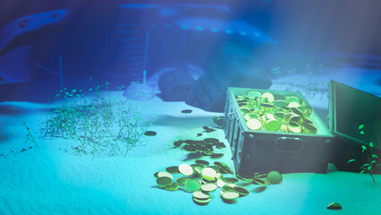 Wall Mural - An old treasure chest full of gold coins. drowned under the sea. Undersea treasure concept, wreck, shipwreck. 3D Rendering