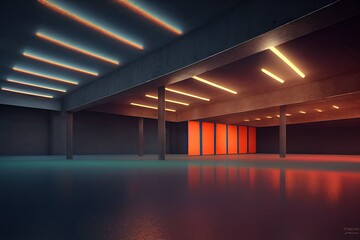 Fototapete - Modern futuristic underground parking, corridor, warehouse with lighting. An empty stage, a room in grey, orange and neon light. Parking with columns for cars. 