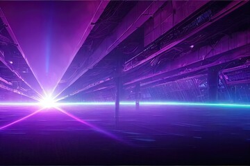 Poster - Modern futuristic underground parking, corridor, warehouse with lighting. An empty stage, a room in dark purple with neon light. Dark concrete tunnel. Future background for design. 3D illustration