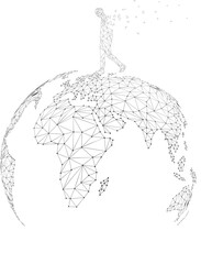 Poster - Man walk on 3D world map Globe wireframe polygon dot connect line: concept of travel , world connection