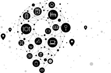 Poster - Vector Travel Network Pin mark polygon dot connected line: concept of travel route, location, journey