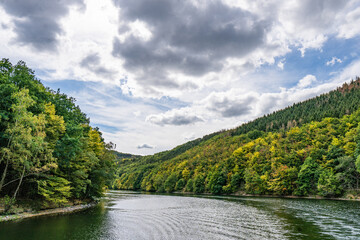 Wall Mural - Lake Rursee, In the middle of the Eifel National Park, surrounded by unique natural scenery and unspoilt nature