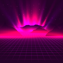 Vaporwave Aesthetic Neon Glowing Laser Grid With Mountains Silhouettes With Starry Night Sky. Futuristic Abstract Vector Eps 10 Illustration.