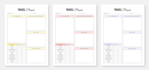 Wall Mural - Travel Planner Template Design. Printable Travel Organizer Planner. Organizer & Schedule Planner. 3 Set of Minimalist Planners. Minimalist planner pages templates.