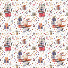 Cartoon Seamless Pattern With Cute Characters In Carnival Costumes, Gifts And Sweets. Birthday Party Watercolor Background. Hare, Cat And Gift Boxes Illustration.