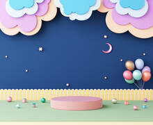 Stage Podium Party Birthday Kid Cute Theme. Colorful Cloud Night Sky Moon Star Backdrop With Balloons, Gift Box, Sphere Balls On Green Floor. Playground, Nursery And Shows Fun Child. 3D Illustration.