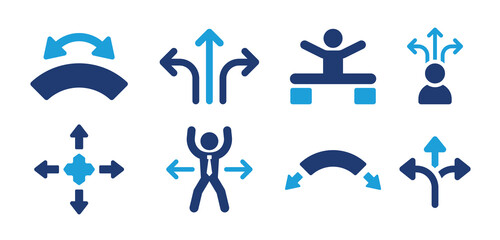 Poster - Flexible and elastic icon set. Containing arrow with flexibility, person stretching exercises and pliable icons. Vector illustration.
