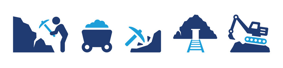 Aufkleber - Mining vector icon set. Containing mine, mining, miner, wheelbarrow, excavator icon isolated on white background.