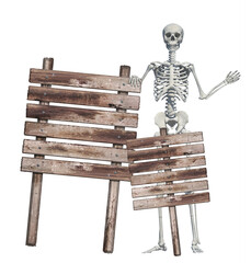 Wall Mural - A skeleton standing With a wood sign on a white background .may use as halloween background