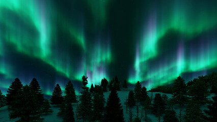 Wall Mural - a beautiful green and red aurora dancing over the hills