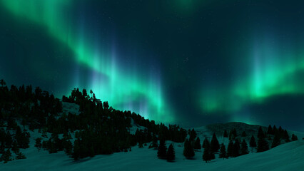 Wall Mural - a beautiful green and red aurora dancing over the hills.