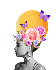 Abstract art collage of a young African woman with flowers on her head. Conceptual fashion art design in a modern style