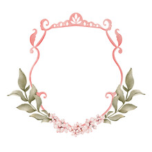Wedding Crest With Floral Ornament. Watercolor Pink Frame With Cherry Blossom Flower Suitable For Wedding, Invitation, Card Etc