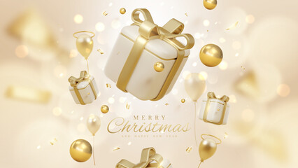Wall Mural - Merry christmas background with gift box decoration and gold ball and balloons with bokeh elements and glow effects. Vector illustration.