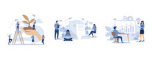 In The Big Hand The Earth With A Plant, Information Search, An Employee Engaged In The Construction Of Columns Of Graphs, Set Flat Vector Modern Illustration