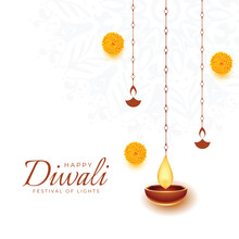 Simple Happy Diwali Decorative Card With Hanging Diya Design