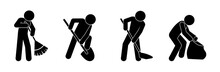 Janitor Icon, A Man With A Shovel And A Broom Collects Garbage, A Volunteer Takes Care Of The Environment, Stick Figure Human Silhouettes