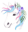 Hand drawn watercolor portrait with a unicorn and flowers