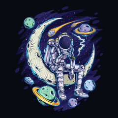 Wall Mural - astronaut sitting on the moon in space while smoking