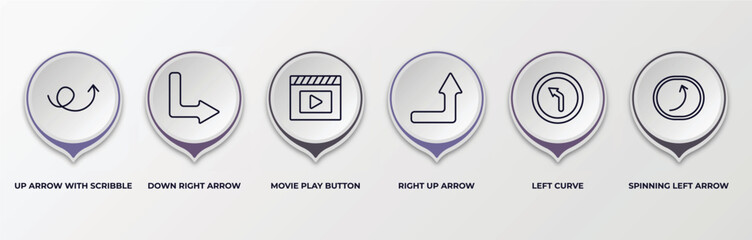 Poster - infographic template with outline icons. infographic for user interface concept. included up arrow with scribble, down right arrow, movie play button, right up arrow, left curve, spinning left