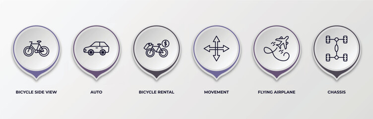 Poster - infographic template with outline icons. infographic for transport concept. included bicycle side view, auto, bicycle rental, movement, flying airplane, chassis editable vector.