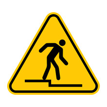 Step Down Warning Sign. Vector Illustration Of Yellow Triangle Sign With Man Stepping Down. Caution Risk Of Falling Symbol Isolated On White Background. Single-stepped Change Of Level. 