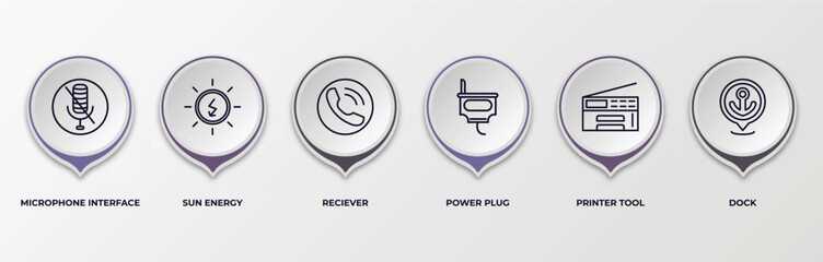 Poster - infographic template with outline icons. infographic for technology concept. included microphone interface, sun energy, reciever, power plug, printer tool, dock editable vector.