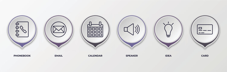 Sticker - infographic template with outline icons. infographic for strategy concept. included phonebook, email, calendar, speaker, idea, card editable vector.