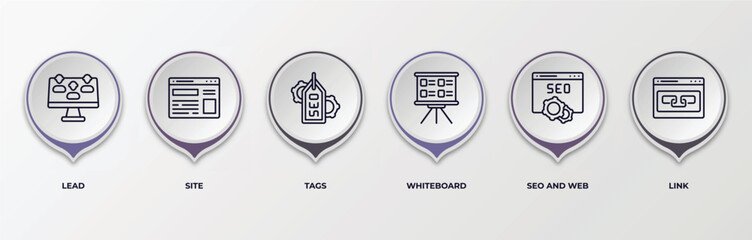 Poster - infographic template with outline icons. infographic for search engine optimization concept. included lead, site, tags, whiteboard, seo and web, link editable vector.