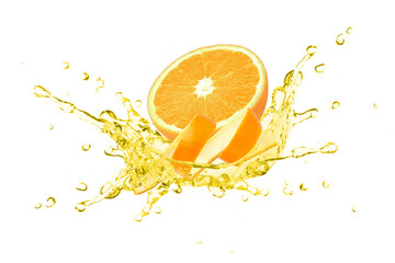 Orange essential oil splash with orange peel isolated on white background.