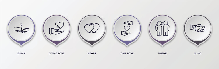 Sticker - infographic template with outline icons. infographic for hands and gestures concept. included bump, giving love, heart, give love, friend, sling editable vector.