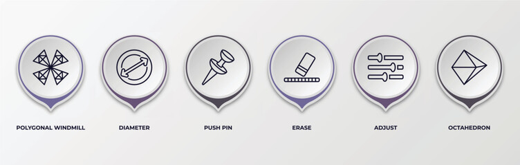 Poster - infographic template with outline icons. infographic for geometry concept. included polygonal windmill, diameter, push pin, erase, adjust, octahedron editable vector.