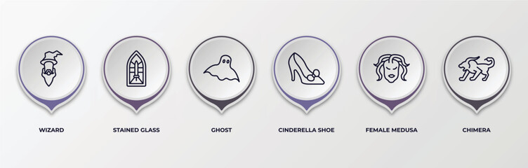 Wall Mural - infographic template with outline icons. infographic for fairy tale concept. included wizard, stained glass, ghost, cinderella shoe, female medusa, chimera editable vector.
