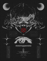 Wall Mural - retro futuristic poster with spaceship and stars. abstract print with noise, for streetwear, print f