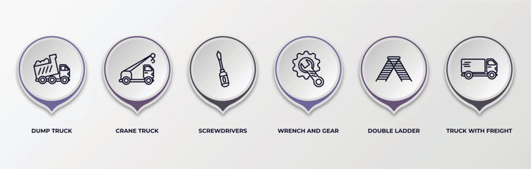 Poster - infographic template with outline icons. infographic for construction concept. included dump truck, crane truck, screwdrivers, wrench and gear, double ladder, truck with freight editable vector.