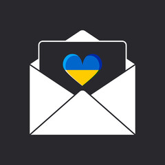 Canvas Print - An open congratulatory envelope with an enclosed heart in the colors of the flag of Ukraine on a black background. 