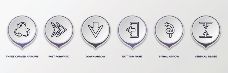 Poster - infographic template with outline icons. infographic for arrows concept. included three curved arrows, fast forward, down arrow, exit top right, spiral arrow, vertical resize editable vector.