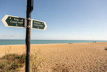 England Coast Path Sign On A Kentish Shingle Beach, Copy Space
