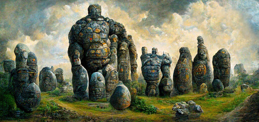 Megalithic stone sculptures. Stone statues of an ancient civilization. Realistic digital illustration. Fantastic Background. Concept Art. CG Artwork.
