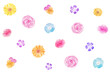 イラスト素材：水彩絵の具で手描きした華やかでカラフルな花々のシームレスパターン背景
（透過背景）